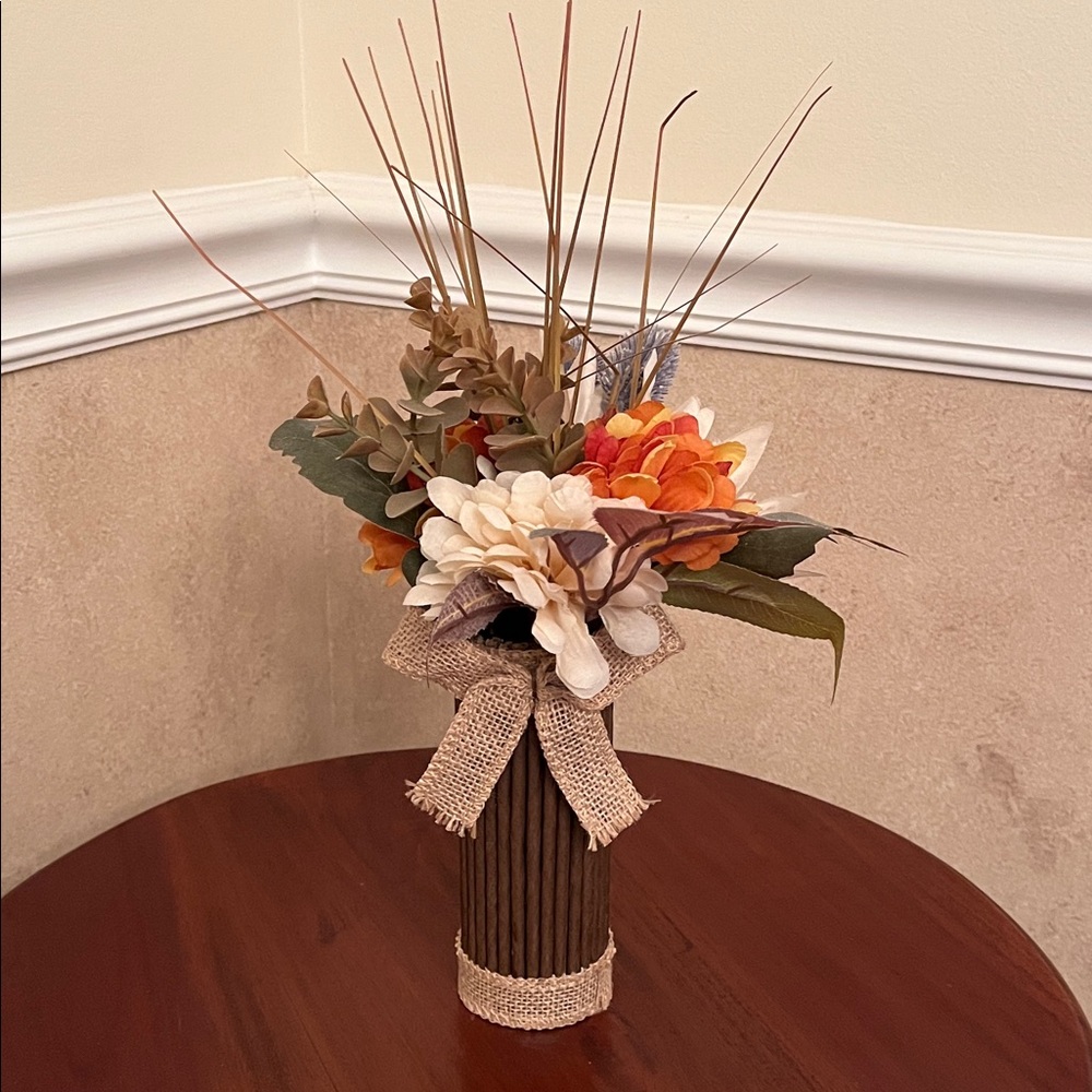 15” Rustic Fall Floral Arrangement in Twig Vase with Burlap Accent – NEW